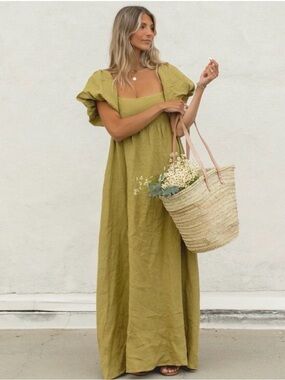 French Riviera Linen Maxi Dress in Olive Green